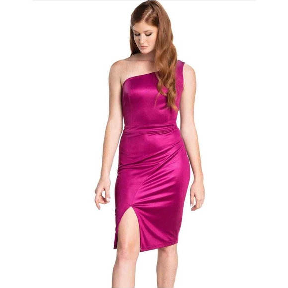 Dress The Population Laos Metallic Pink Fuchsia One Shoulder Dress Small NWT - Picture 1 of 13